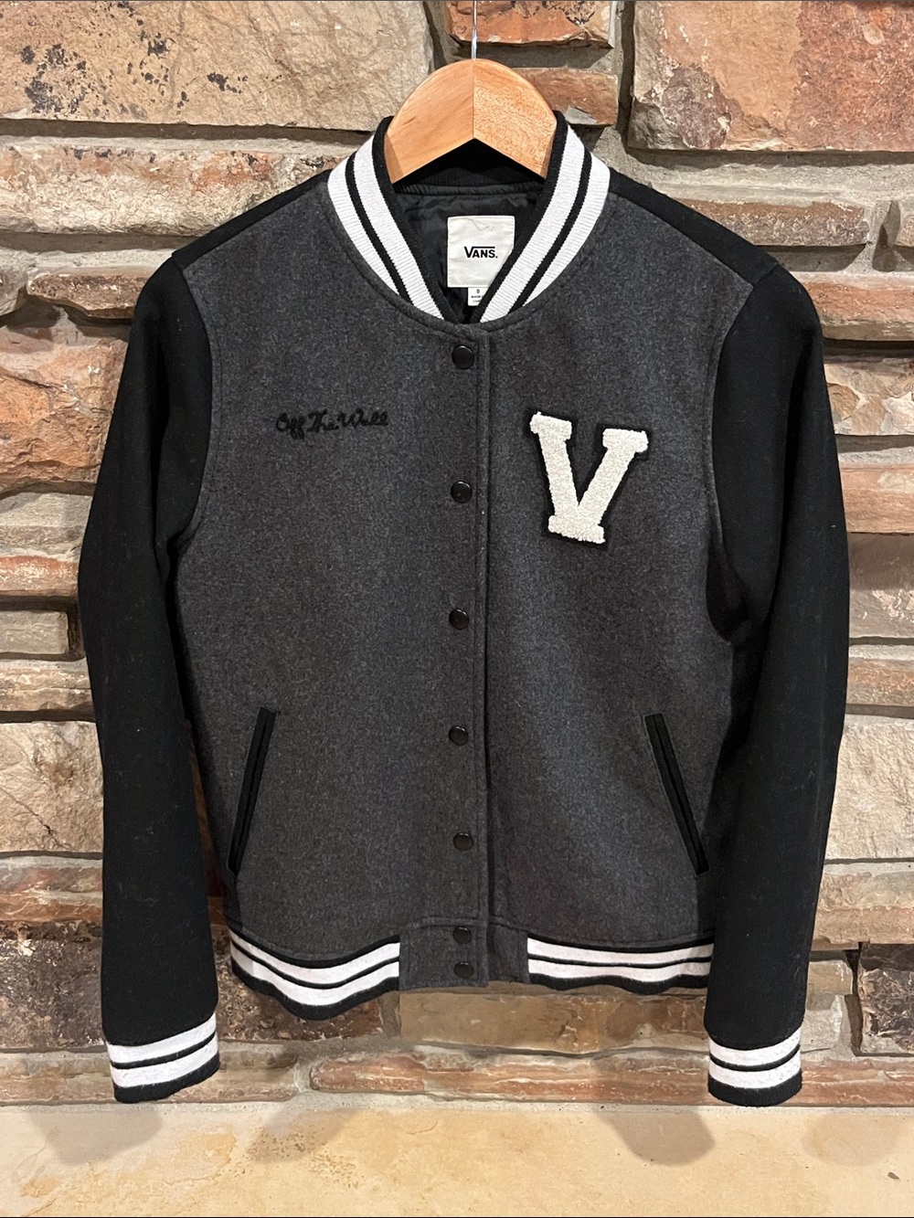 Vans Off the Wall Black & Charcoal Varsity Jacket with White 'V' Chenille Patch